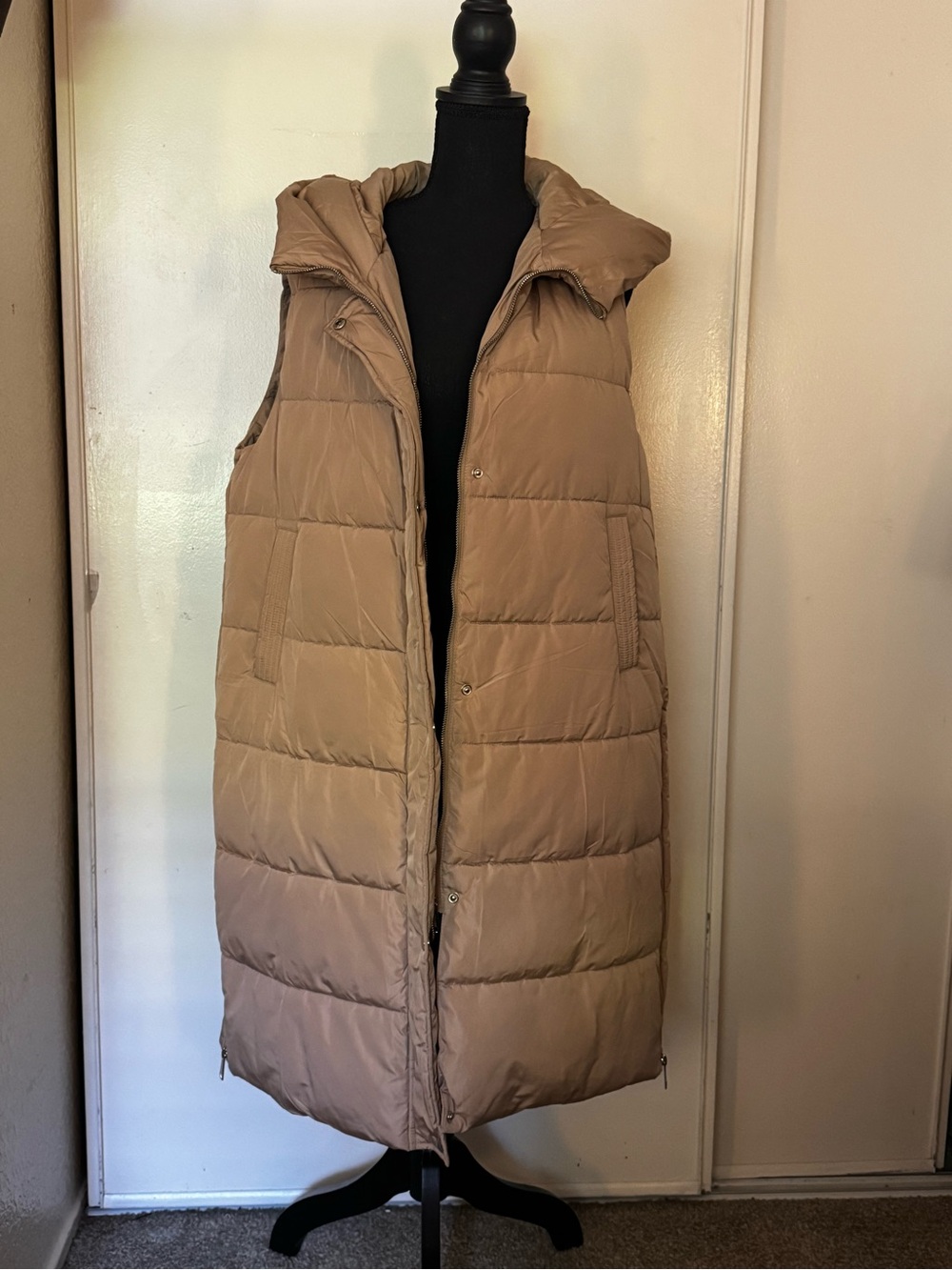Long Hooded Puffer Vest in Neutral Beige - Picture 2 of 2